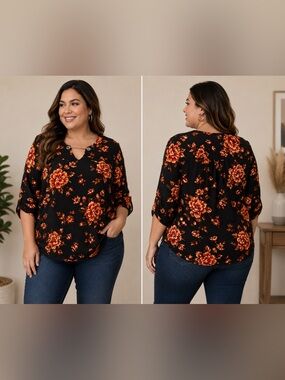 torrid Black Blouse with Orange Floral Print
